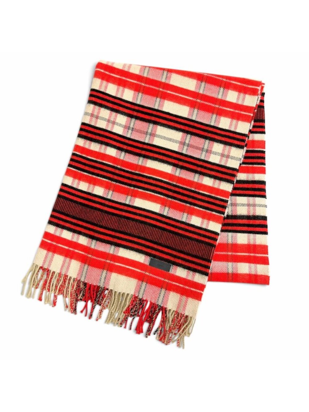 Hermes Cashmere 100% Logo Leather Patch Plaid Fringe Large Shawl Blanket Red